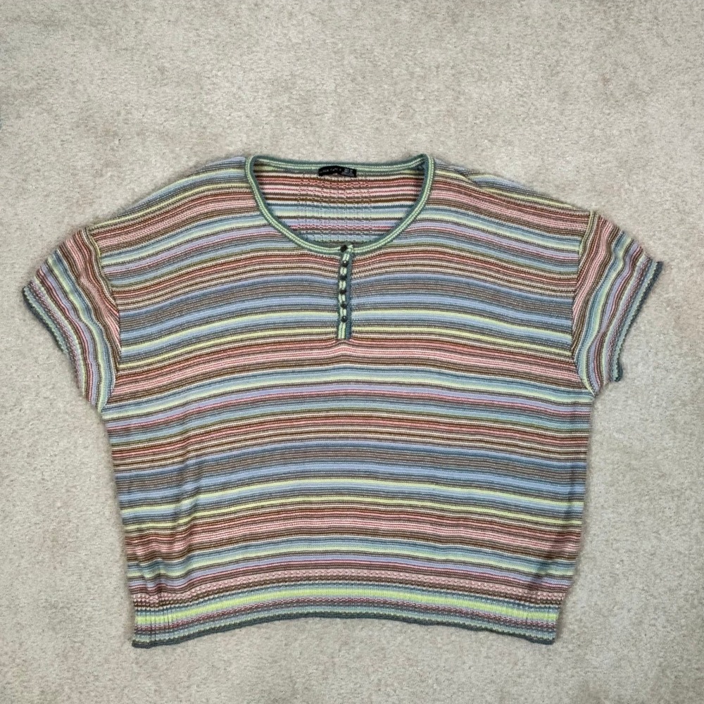 Black Tape Womens 3X Striped Henley Knit Sweater Short Sleeve Multi-Color Boxy